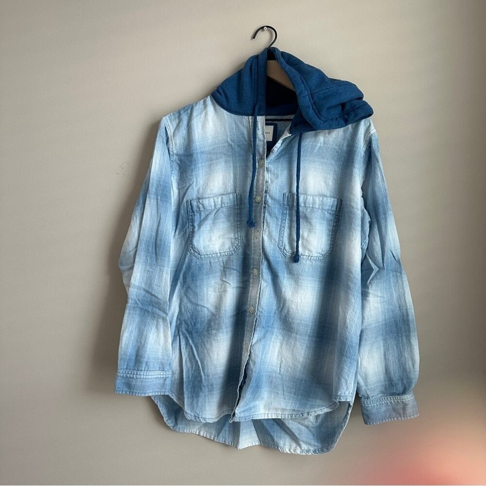 American Eagle Hooded Plaid Button Down Shirt Medium Blue Cabincore